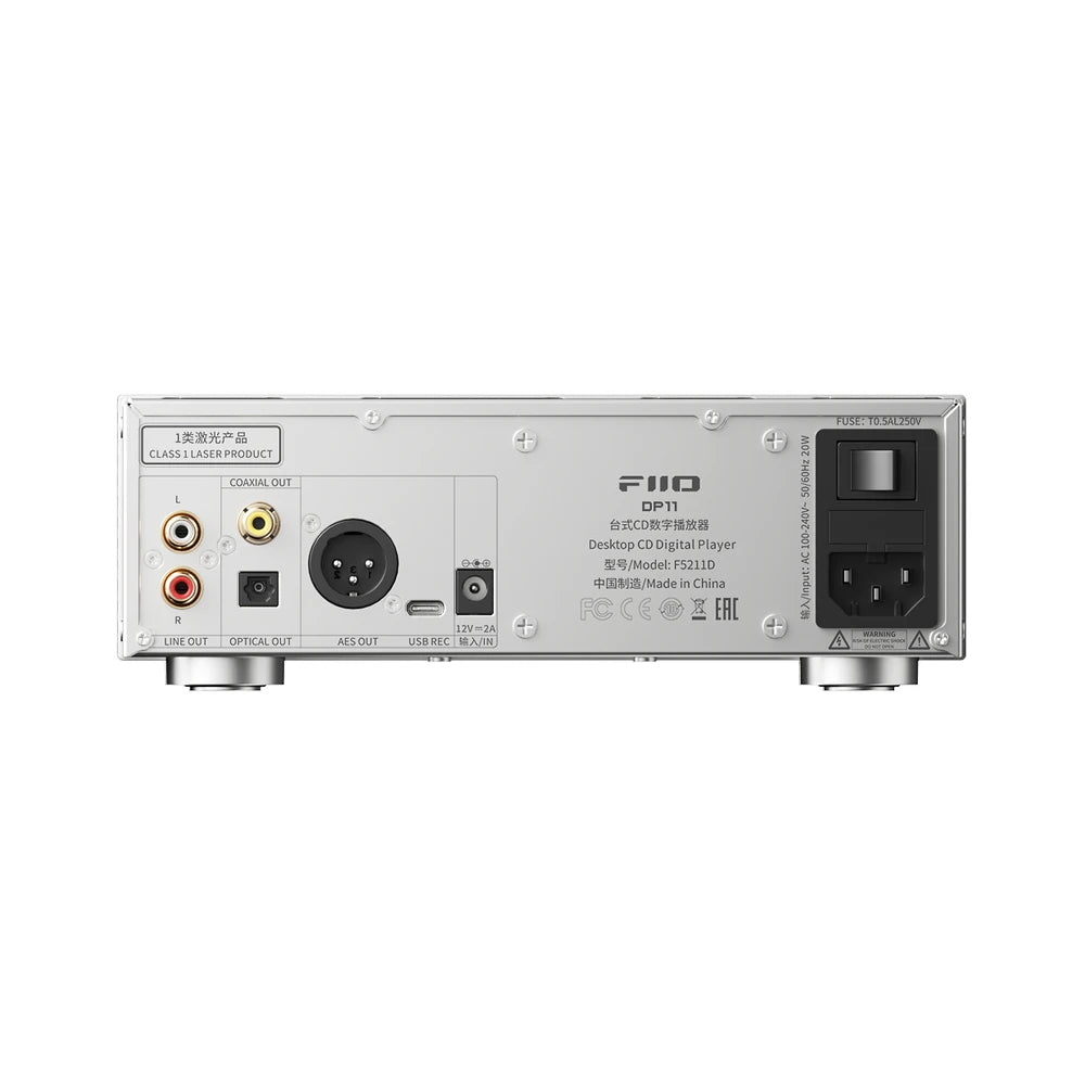FiiO DP11 silver rear panel with RCA line out, coaxial, optical, AES, USB-C and power inputs