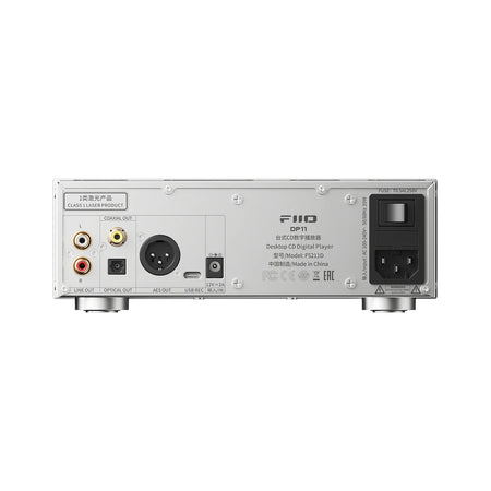 FiiO DP11 silver rear panel with RCA line out, coaxial, optical, AES, USB-C and power inputs