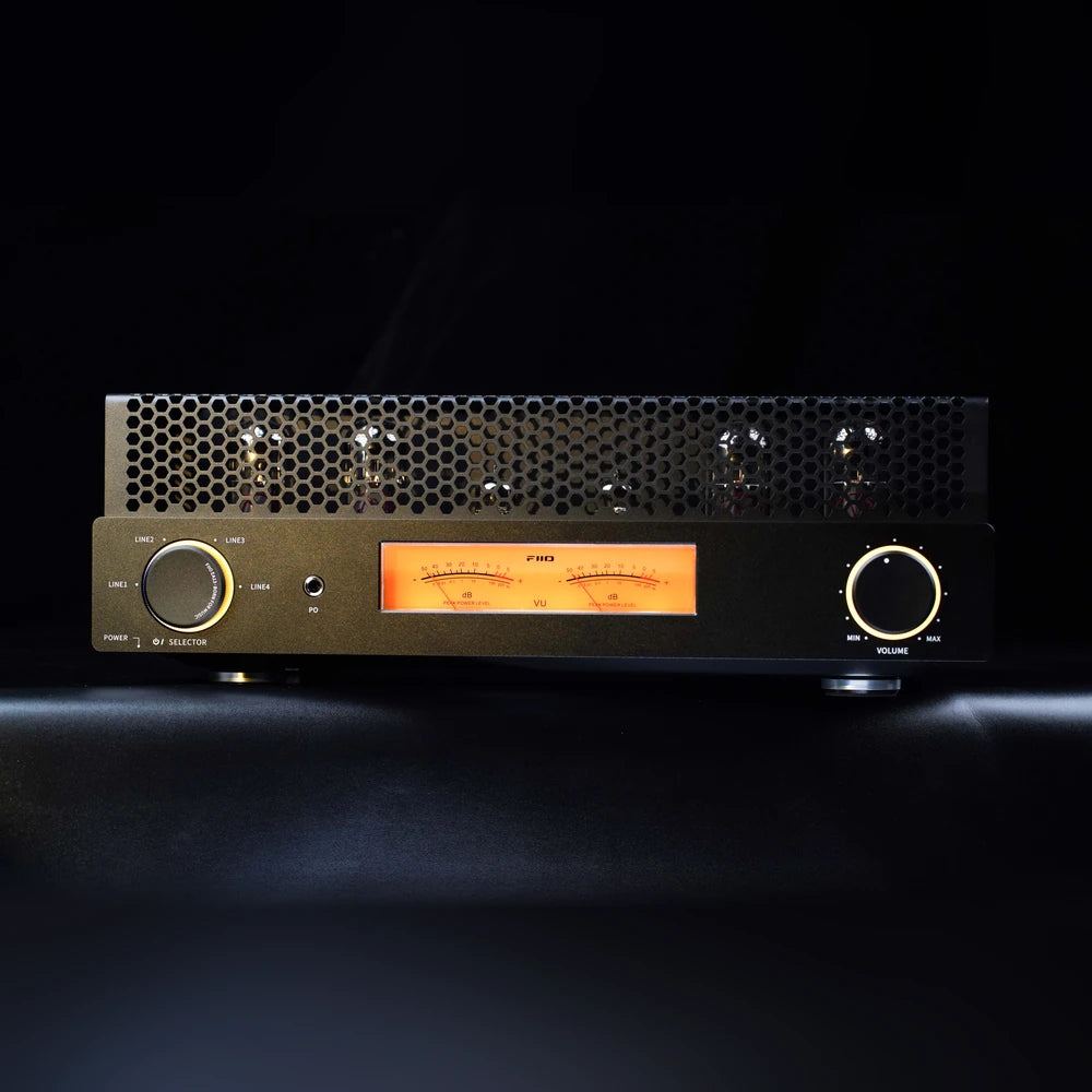 FiiO EA13 black tube amplifier with amber knob lighting and backlit VU meters