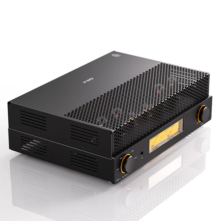 FiiO EA13 stereo tube amplifier in black, front three-quarter view on a white background