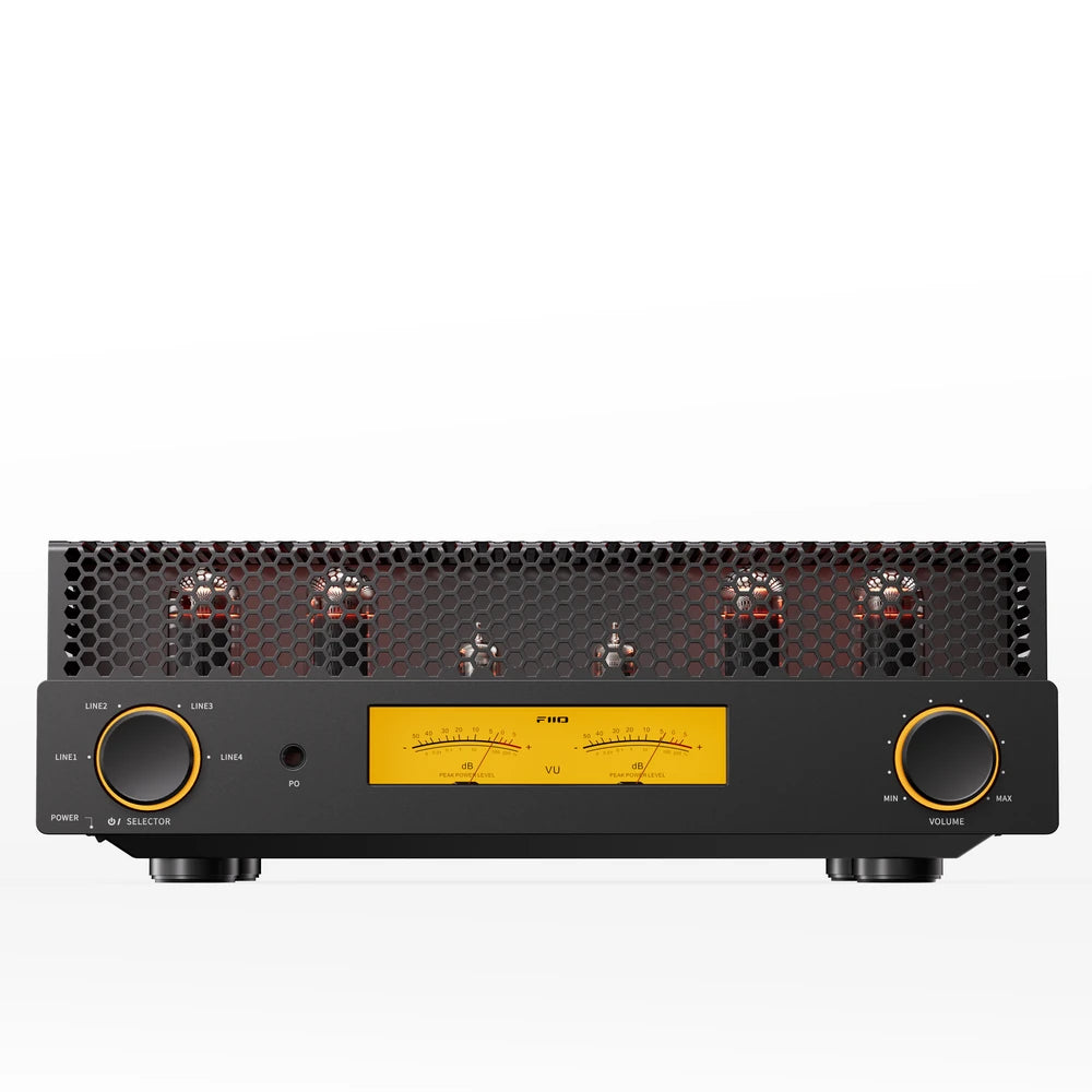 FiiO EA13 black tube amplifier front panel with VU meters, input selector and volume knob
