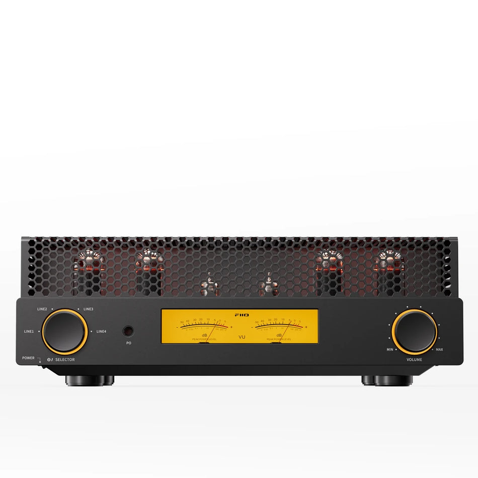 FiiO EA13 black tube amplifier front panel with VU meters, input selector and volume knob