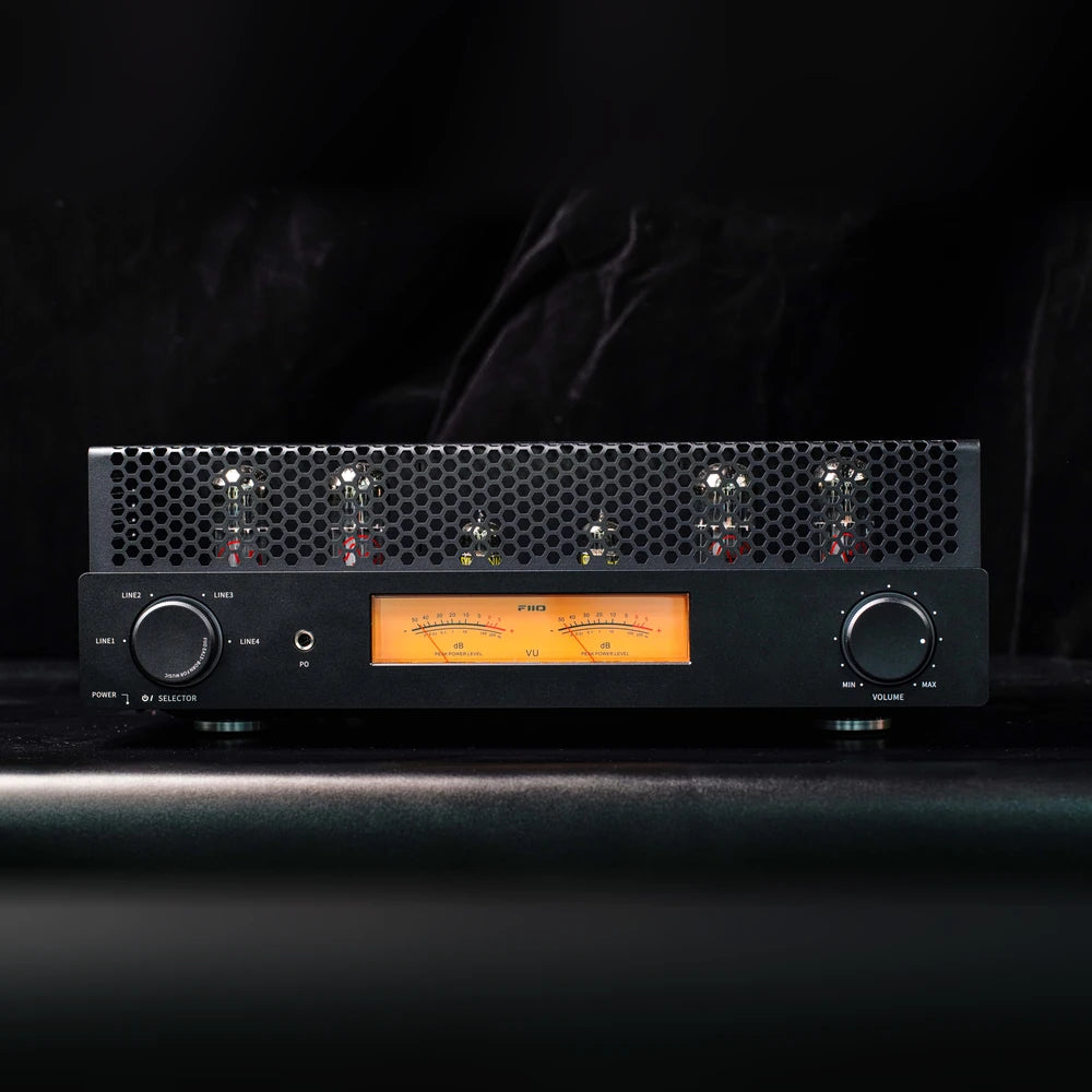 FiiO EA13 black tube amplifier front view with EL34 and PCF80 tubes glowing behind the grille