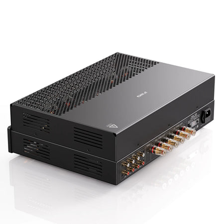 FiiO EA13 black tube amplifier rear three-quarter view showing inputs and speaker terminals