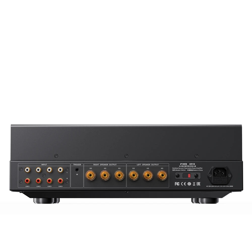 FiiO EA13 black rear panel with 4 RCA inputs, 12V trigger in and 4Ω/8Ω speaker terminals