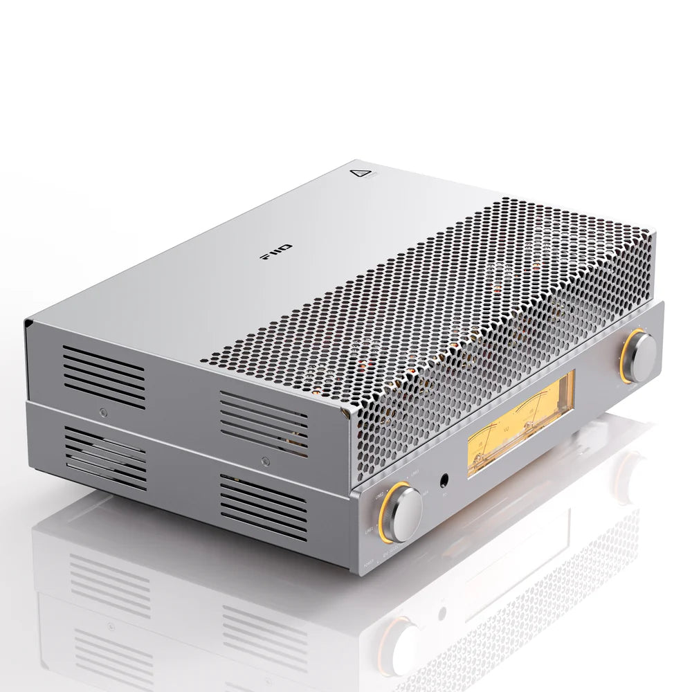 FiiO EA13 stereo tube amplifier in silver, front three-quarter view on a white background