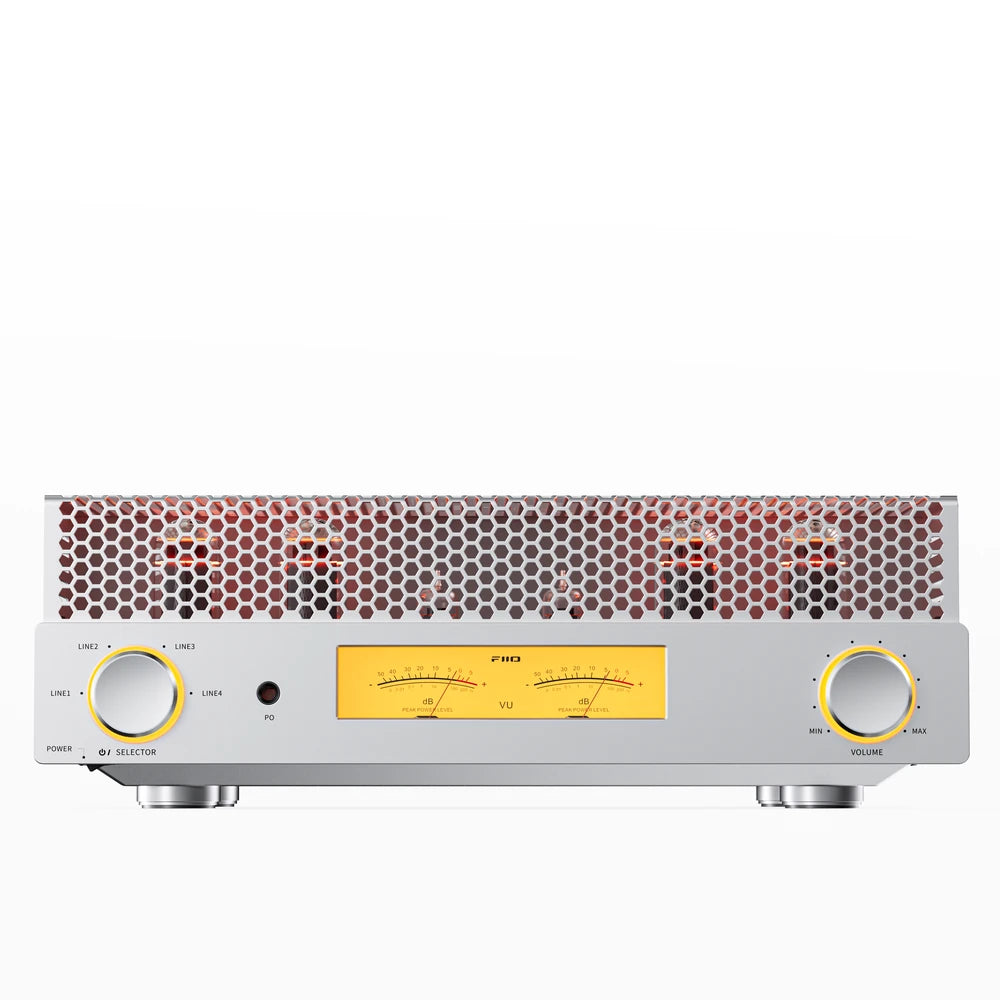 FiiO EA13 silver tube amplifier front panel with backlit VU meters and gold-ringed knobs