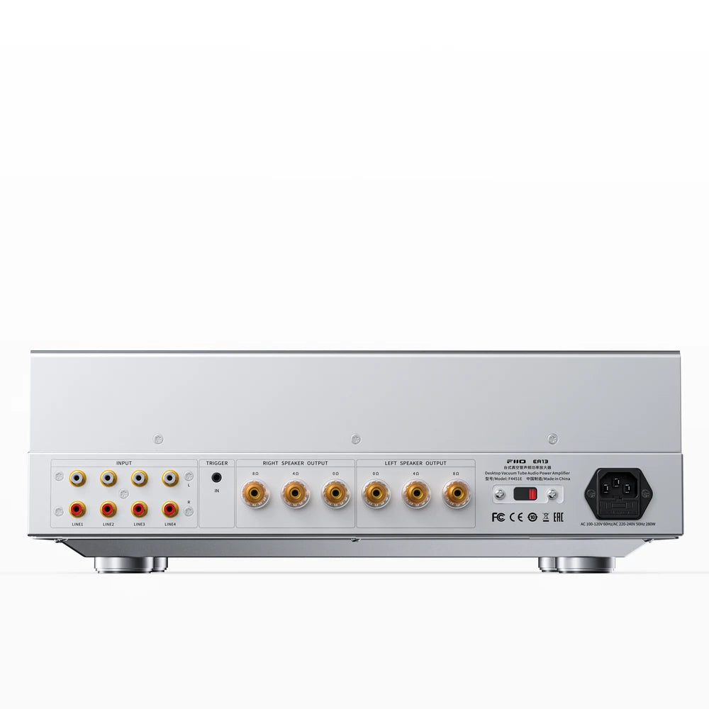 FiiO EA13 silver rear panel with 4 RCA inputs, 12V trigger in and 4Ω/8Ω speaker terminals