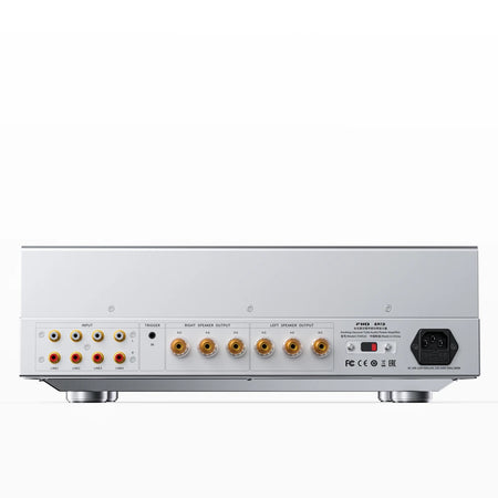 FiiO EA13 silver rear panel with 4 RCA inputs, 12V trigger in and 4Ω/8Ω speaker terminals