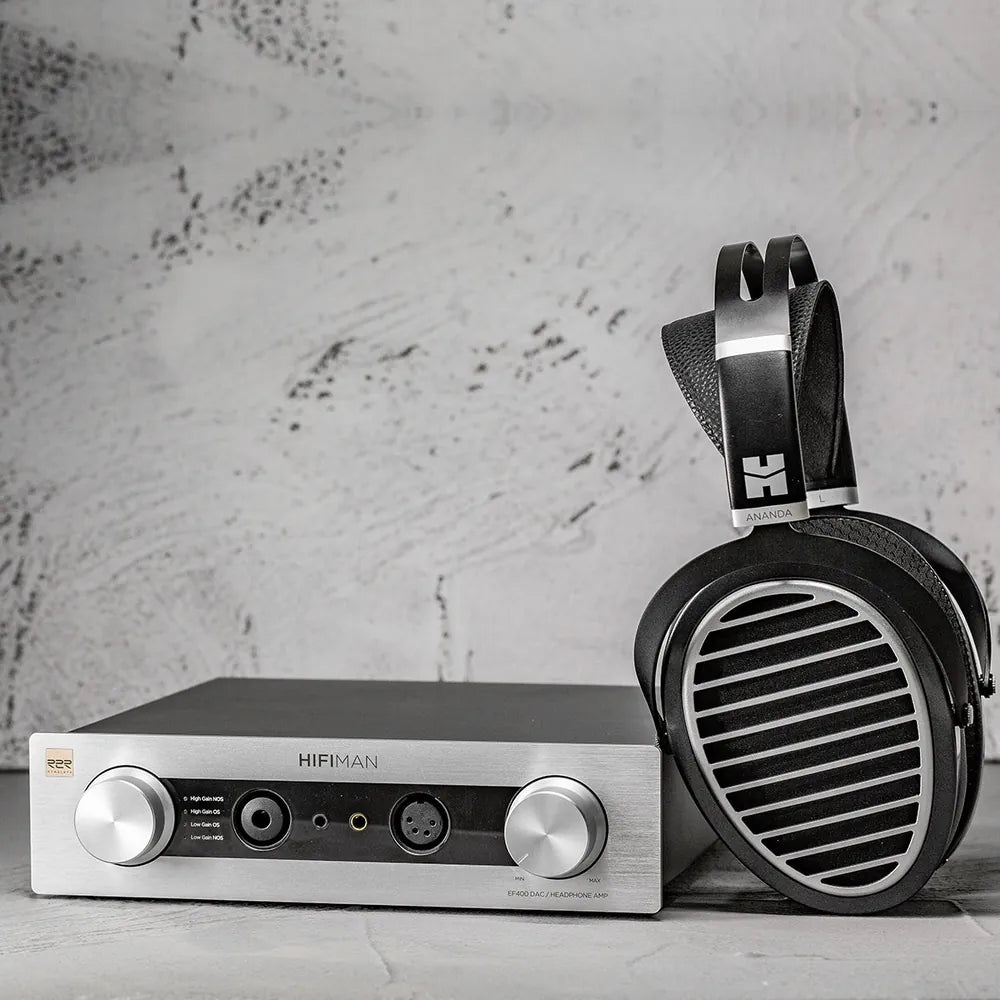 HIFIMAN Ananda Stealth planar headphone shown with the HIFIMAN EF400 DAC and headphone amplifier