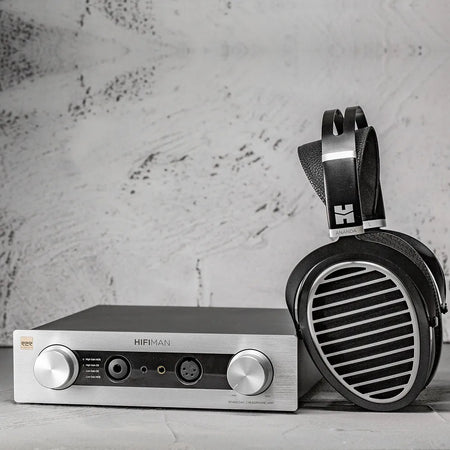 HIFIMAN Ananda Stealth planar headphone shown with the HIFIMAN EF400 DAC and headphone amplifier