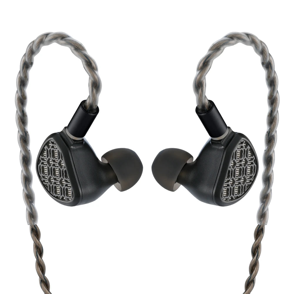Kefine Arnar black hybrid IEM earphones, front view of the pair on a white background