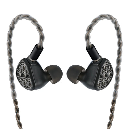 Kefine Arnar black hybrid IEM earphones, front view of the pair on a white background