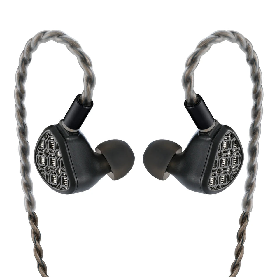 Kefine Arnar black hybrid IEM earphones, front view of the pair on a white background