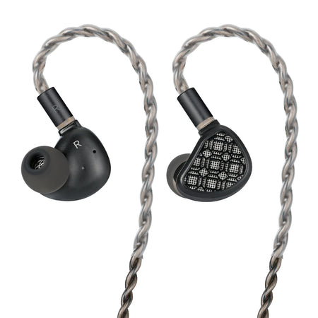 Kefine Arnar black earphones showing the Wish Window grid faceplate and R marking on a white background