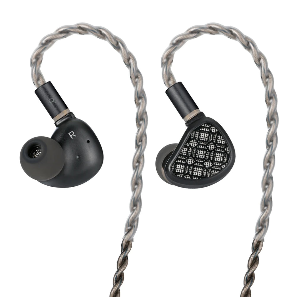 Kefine Arnar black earphones showing the Wish Window grid faceplate and R marking on a white background