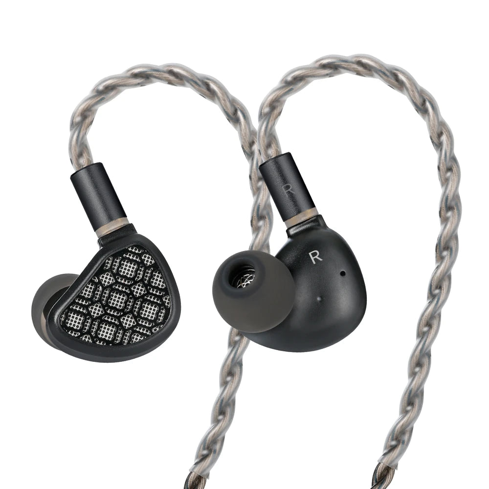 Kefine Arnar black earphones with silver-plated braided cable, angled view on a white background