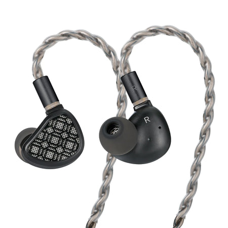 Kefine Arnar black earphones with silver-plated braided cable, angled view on a white background