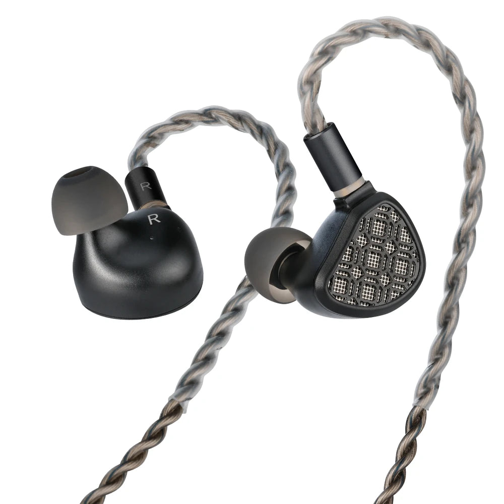 Kefine Arnar black in-ear monitor earphones, angled view on a white background