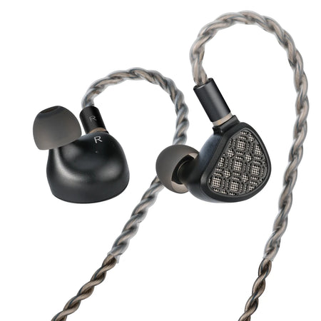 Kefine Arnar black in-ear monitor earphones, angled view on a white background