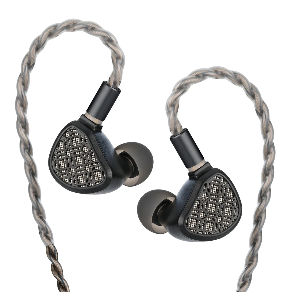 Kefine Arnar black earphones showing both Wish Window faceplates on a white background
