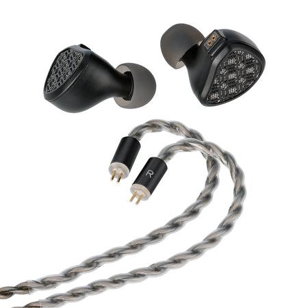 Kefine Arnar black earphones beside the detachable silver-plated 2-pin cable on a white background