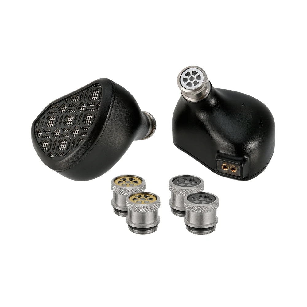 Kefine Arnar earphone showing the 2-pin socket and the interchangeable tuning nozzles