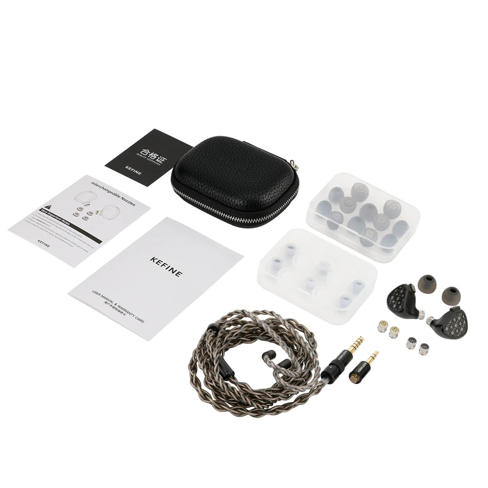 Kefine Arnar package contents including carrying case, cable, interchangeable plugs, tuning nozzles, ear tips and manuals