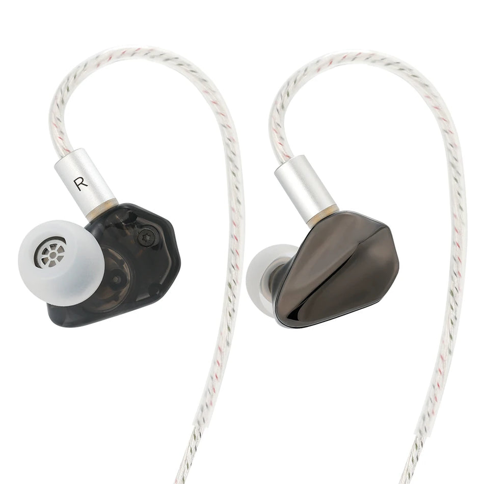 Kefine Loric black in-ear monitor pair with silver nozzle and braided silver-plated cable on a white background
