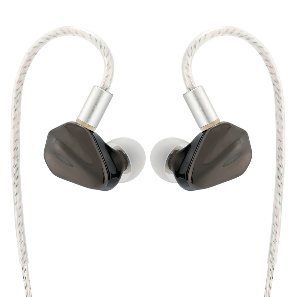 Kefine Loric black earphones, front view of the pair on a white background