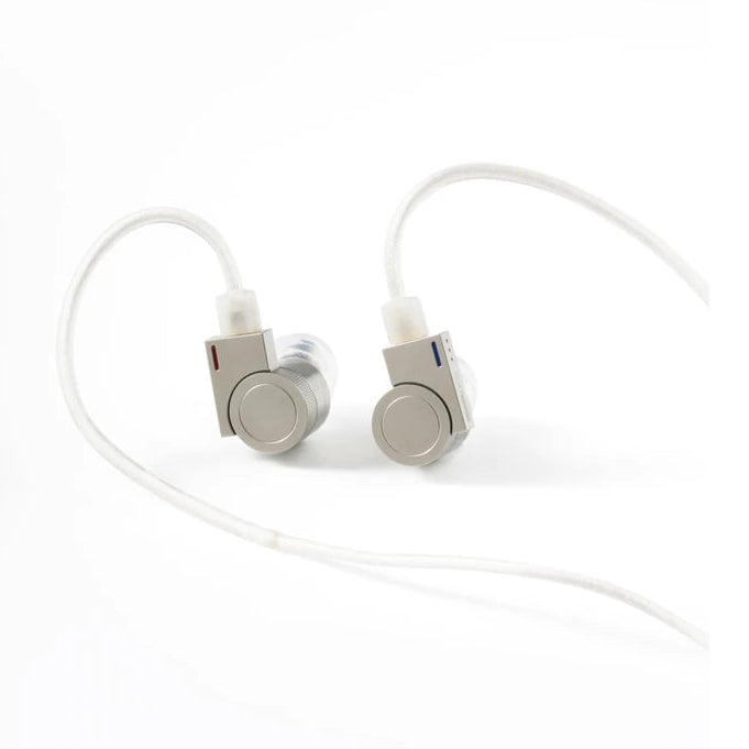 Softears Edge titanium IEM earphones with silver-plated OCC cable, side view