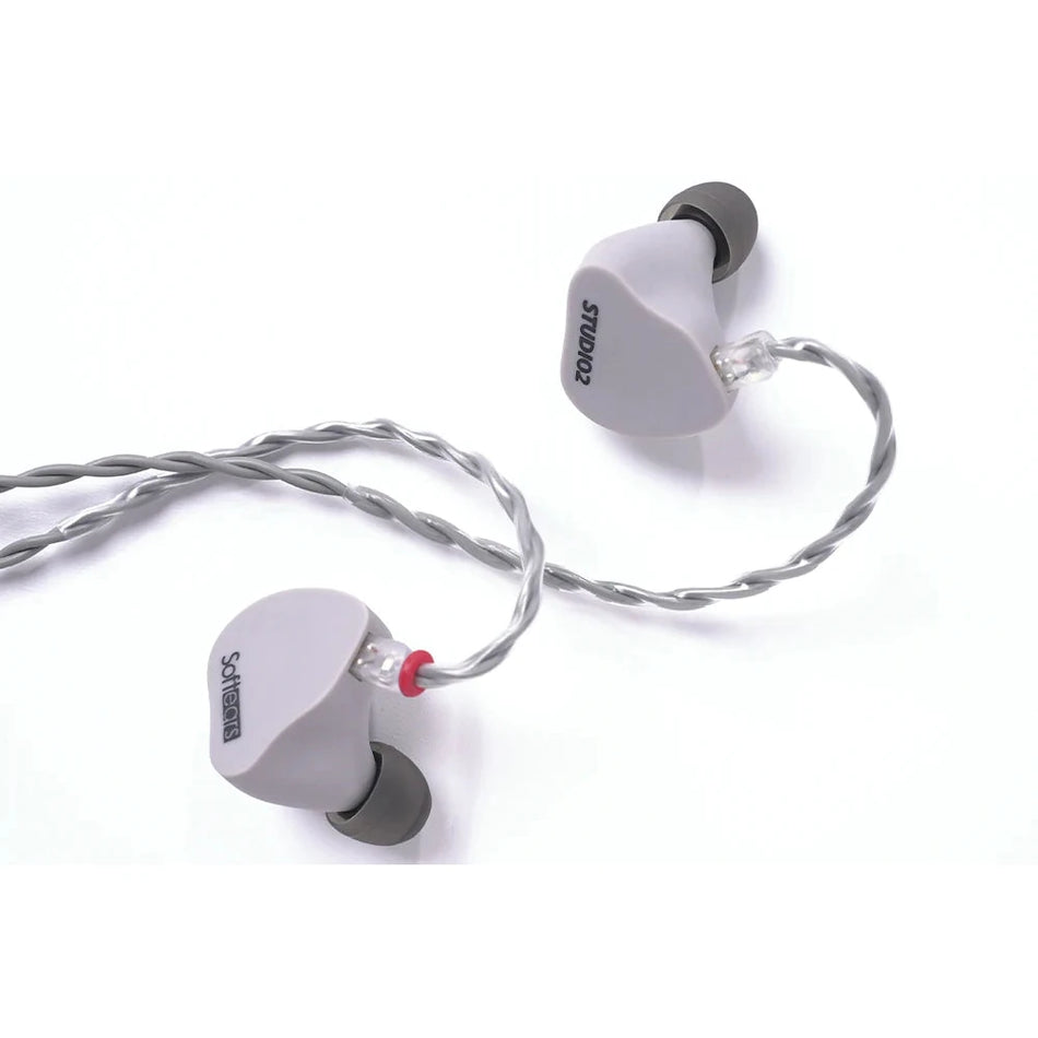 Softears Studio 2 earphones angled view with coiled cable