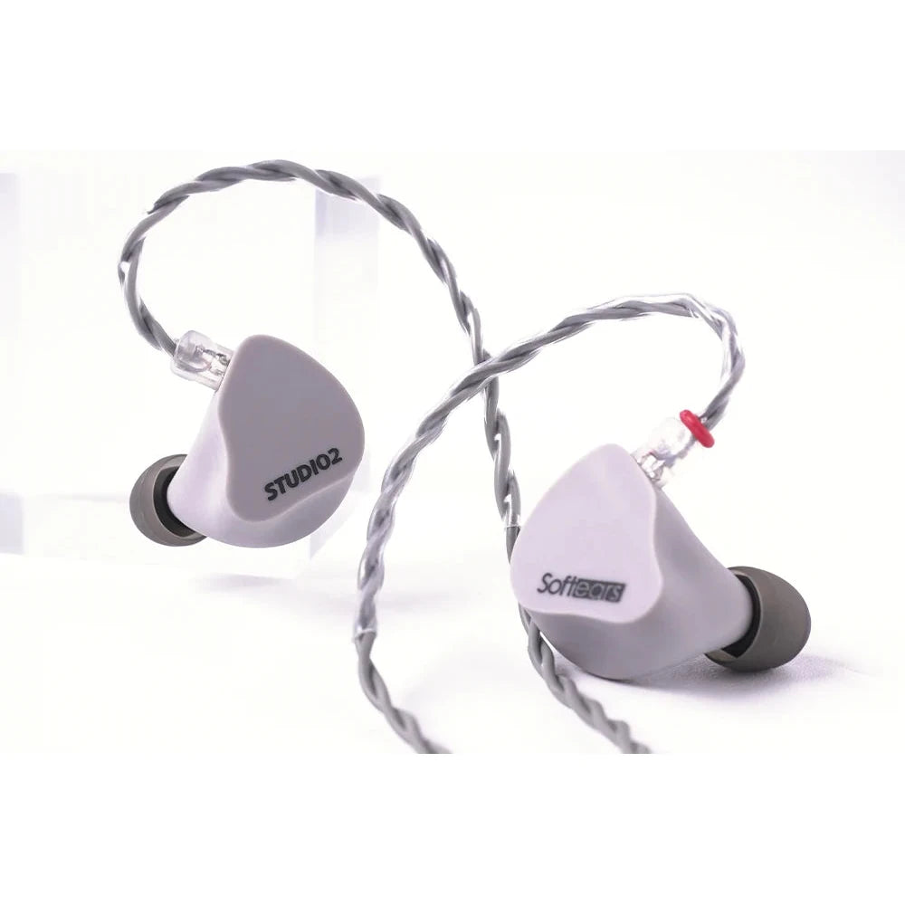 Softears Studio 2 earphone pair with braided cable on white background