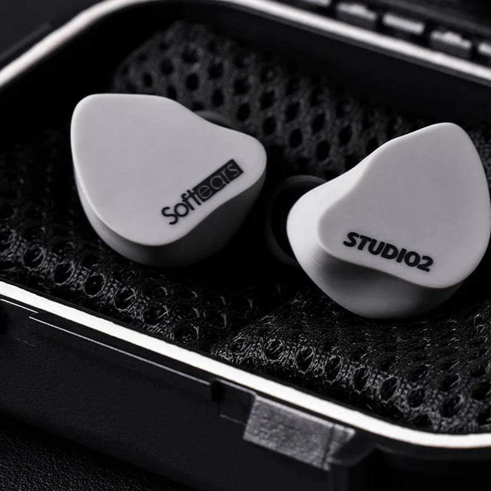 Softears Studio 2 earphones close-up inside carrying case foam insert