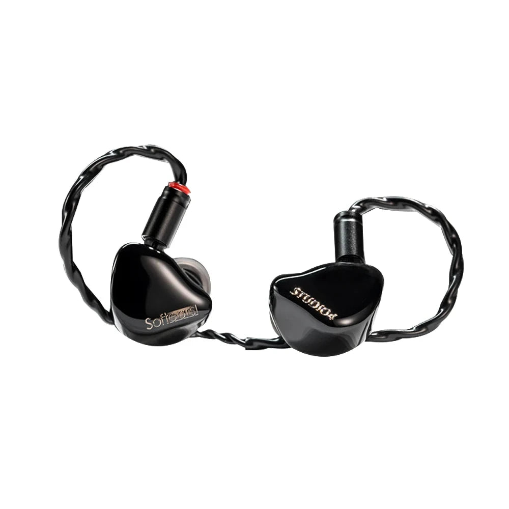 Softears Studio 4 in-ear monitor pair with braided cable on a white background