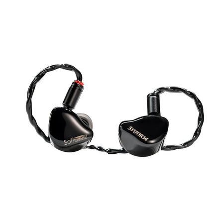 Softears Studio 4 in-ear monitor pair with braided cable on a white background