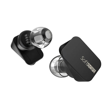 Softears Twilight earphones showing clear nozzle housing and cable connectors on white background