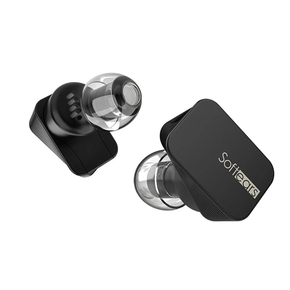 Softears Twilight earphones showing clear nozzle housing and cable connectors on white background