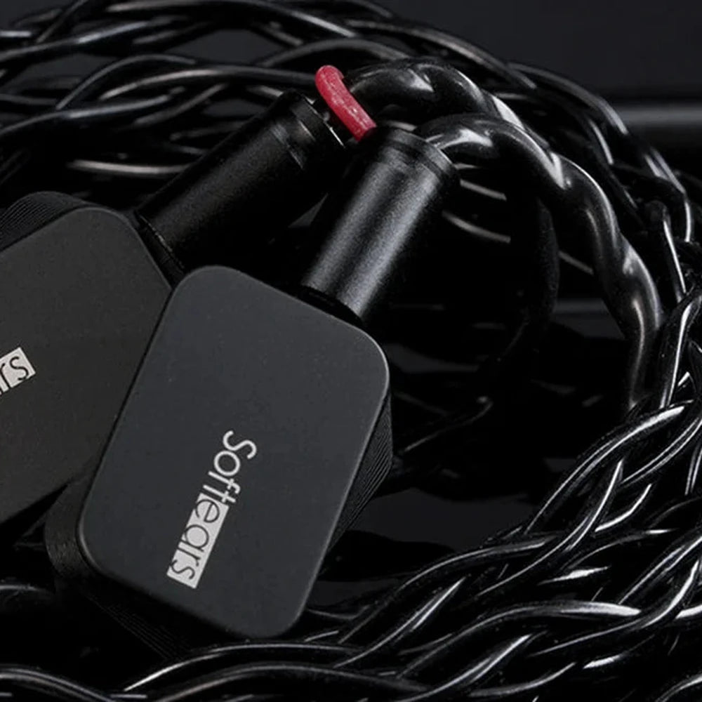 Softears Twilight braided cable coiled with earphone connectors