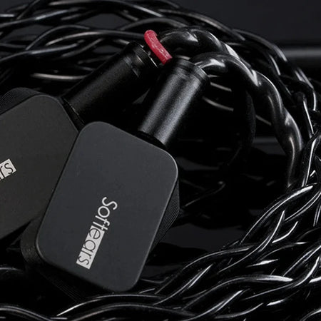 Softears Twilight braided cable coiled with earphone connectors