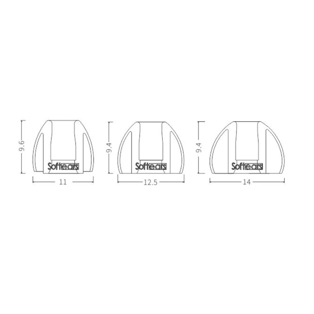 Softears UC silicone eartips size chart: S 11mm, M 12.5mm, L 14mm diameter