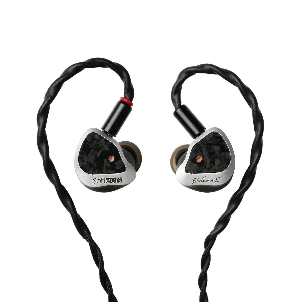 Softears Volume S in-ear monitor pair with braided cable on a white background