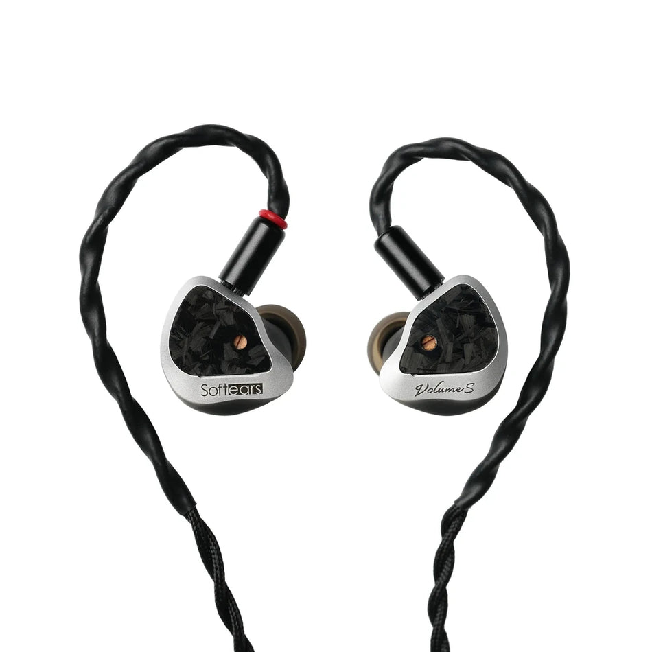 Softears Volume S in-ear monitor pair with braided cable on a white background