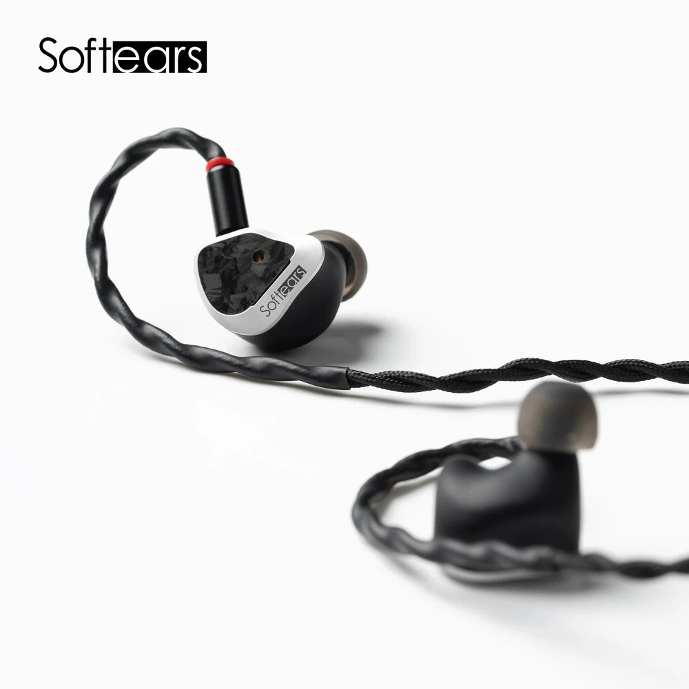 Softears Volume S earphone close-up showing Volume S engraving and braided cable