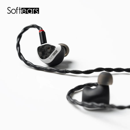 Softears Volume S earphone close-up showing Volume S engraving and braided cable
