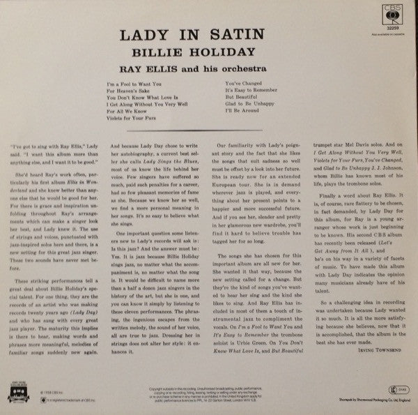Billie Holiday With Ray Ellis And His Orchestra – Lady In Satin (Used) (Mint Condition)