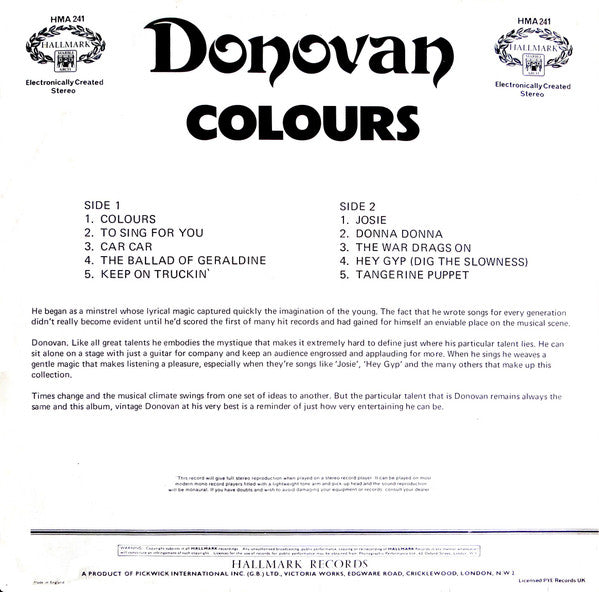 Donovan ‎– Colours (Used) (Mint Condition)